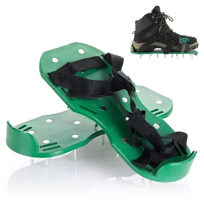 Produktbild von Relaxdays Rasenlüfter Schuhe, je 13 Nägel, Vertikutierer, Nagelschuhe Rasen, Estrichschuhe, BT: 32,5x15 cm, schwarz/grün