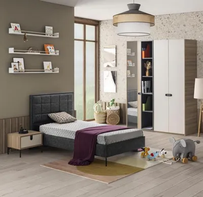 Produktbild von Set Bett Nachttisch Kleiderschrank Modernes Design Stilvolles Kinderzimmer 3-tlg