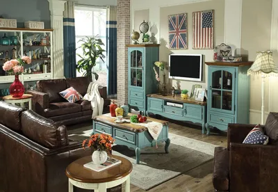 Produktbild von Landhaus Stil Wohnwand Wohnzimmer Vitrine Sideboard rtv Holz Schrank Möbel 3tlg.