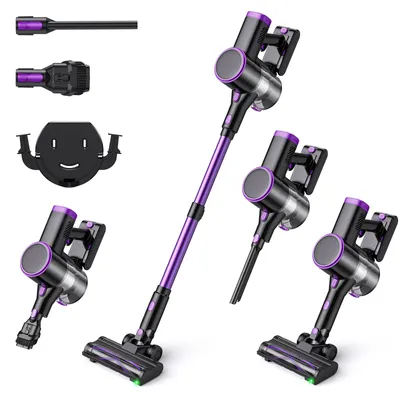 A collage of a cordless vacuum cleaner and its accessories, presented on a white background.