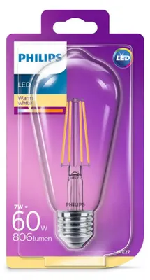 Produktbild von Philips Filament-Lampe, transparent, 60W ST64 E27, 7 W, 60 W, E27, 806 lm, 15000 h, Warmweiß