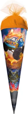Produktbild von ROTH Geschenk-Schultüte Monstertruck Fire 22 cm rund Tüllverschluss Zuckertüte Schulanfang