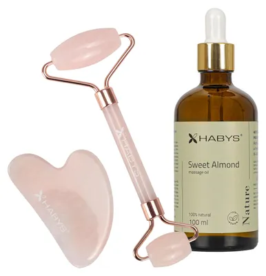 Produktbild von HABYS Gesichts-Massage-Set mit Rosenquarz | Gua-Sha-Stein, Roller & 100 ml natürlichem Mandelöl | für Gesichtspflege, Massage & Wellness zu Hause