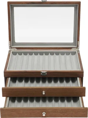 Image de Boîte à crayons - Présentoir en bois - 3 niveaux - Couvercle en verre - Pour 34 stylos à plume - 31 x 20 x 12,5 cm - Marron