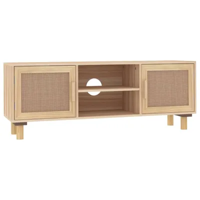 A wooden TV stand with rattan doors and open shelves, presented against a white background.