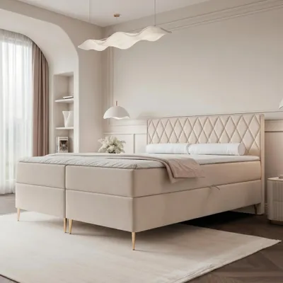 Produktbild von Boxspringbett PONTI II 200x200 Rautensteppung Bettkasten Bonellmatratze Samt Creme