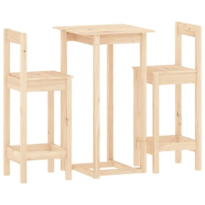 A wooden bar table and two bar stools are shown against a white background.