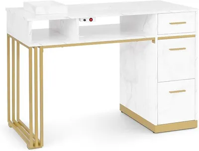 Image de Table de manucure avec 3 tiroirs et 2 étagères, table de manucure avec aspiration, 2 sacs d'aspirateur, table de manucure en bois, bureau pour salon de manucure, blanc marbré doré, 57x112x80 cm, 2472