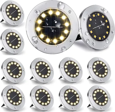 Produktbild von 12 Stück - Solar-Bodenleuchten für den Außenbereich, 12 LED Solar, Scheibenleuchten, Gartenleuchten, Solarleuchten, Solar-Punktleuchten, Rasen, Gehweg, Pool, Terrassendekoration (Warm)