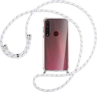 Produktbild von Handykette Backcover-Schutzhülle mit Band (Metall silberfarben) für Motorola Moto G8 Plus - weiß/grau