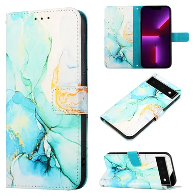 A collage of images showing a Google Pixel 6 Pro phone case with a marble design.
