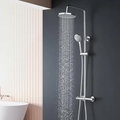 Produktbild von Duscharmatur Komplettset, Duschsystem(Duscharmatur mit Thermostat,Kopfbrause, Duschkopf mit Schlauch und Halterung)Regendusche mit armatur, Chrome