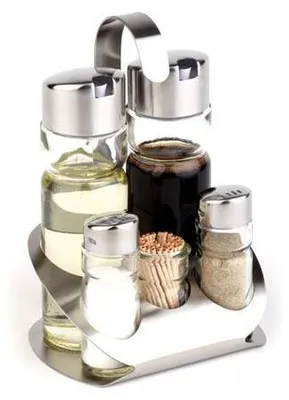 Produktbild von APS 40480 Menage PRO, 13 x 11 cm, Höhe 19 cm, Set bestehend aus: Essig- und Öl-Flasche, Salz- und Pfefferstreuer, Zahnstocherspender, Ständer aus Edelstahl (matt poliert)