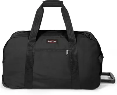 A black duffel bag with wheels and handles, shown against a white background.