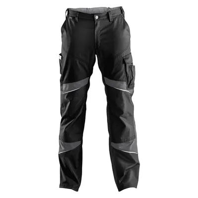 A pair of black work pants with gray reflective accents.