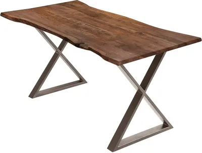 Produktbild von Esstisch 160x85cm Marbella, echte Baumkante, Akazienholz nussbaumfarben + massiv, Baumkantentisch mit geschlossenem X-Metallgestell Edelstahlfarben, Esszimmertisch