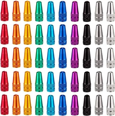 Imagen del producto de Tapas de válvula para neumáticos de bicicleta, 50 unidades, de aluminio anodizado, en varios colores, para válvulas de bicicleta