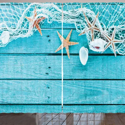 Produktbild von ARANDE maritim Gardine, Nautische Elemente Seesterne Muscheln und Net auf Bemalte Holzbohlen Bild, 280 x 175 cm, Aqua und Tan