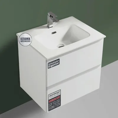 Produktbild von Alpenberger Waschbecken mit Unterschrank 60 cm Breit Weiß | Aufsatzwaschbecken Waschbeckenunterschrank Waschplätze | Waschtisch Gäste WC Möbel Bademöbel-Set | Waschtischunterschrank Hängend