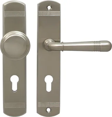 A set of door hardware, including a doorknob and a lever handle, displayed against a white background.