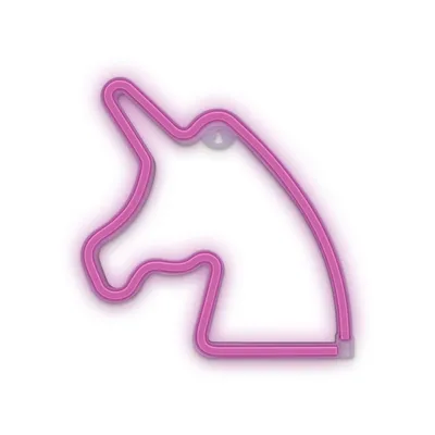 A pink neon unicorn head decoration.