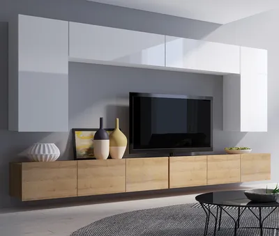 Produktbild von Moderne Wohnwand CALABRINI-13 Wohnzimmer-Set Hängewohnwand Schrankwand Hochglanz TV-Schrank Anbauwand (Weiß / Goldene Eiche)