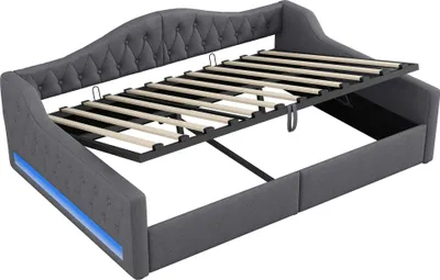 Produktbild von STILVORA 140×200 Schlafsofa mit LED und Stauraum darunter,Tagesbett mit Holzrahmen&Leinenstoff,Daybett mit Rückenlehne&Armlehne,mit Matratze,grau
