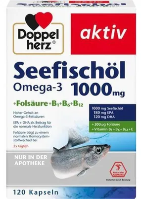 Productafbeelding van DOPPELHERZ Vissenoliecapsules met Omega-3 (1.000 mg) en foliumzuur.