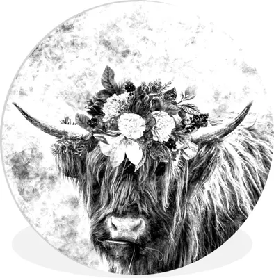 Produktbild von MuchoWow® Rundes Wandbild - Runde Bilder Schottischer Highlander - Blumen - Schwarz - Weiß Ø 60 cm Kreis Wanddekoration Kunststoff - Wandkreis - Wandschmuck - Wand Kreis - Das Schlafzimmer - Die Bilder - Wandmalerei - Kunst für das Haus - das Plastik