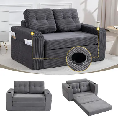 Produktbild von Cord-Zweisitzer Sofa mit 2 Getränkehaltern & Seitentaschen, gepolsterte Rückenlehne für Wohnzimmer