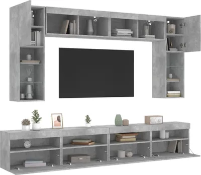 Produktbild von CLORIS 8-tlg. TV-Wohnwand mit LED-Leuchten Betongrau - TV-Schränke LL0000256563
