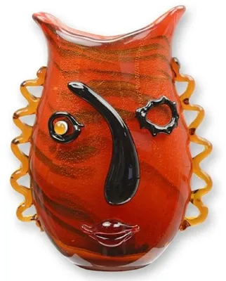 Produktbild von Casa Padrino Designer Vase Gesicht Rot / Orange / Schwarz 24,6 x 13,1 x H. 31,5 cm - Wohnzimmer Deko Vase - Dekorative Glasvase - Abstrakte Blumenvase - Deko Accessoires - Abstrakte Deko Vasen