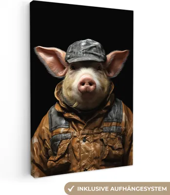 Produktbild von MuchoWow® - Leinwandbilder - Schwein - Porträt - Schwarz - Tier, Wandbild, Wanddeko Bilder Wohnzimmer, 60x90 cm
