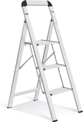 Produktbild von Famanu Aluminium-Trittleiter 3 Stufen - Tragbar, Klappbar, Antirutsch, Silber