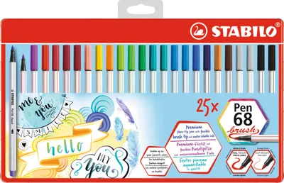 Produktbild von Premium-Filzstift mit Pinselspitze für variable Strichstärken - STABILO Pen 68 brush - 25er Metalletui mit Hängelasche - mit 24 verschiedenen Farben