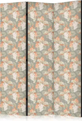 Produktbild von 3-teiliger Doppelseitiger Vlies Paravent - Little Bouquets - Exotic Flowers and Leaves on a Gray-Green Background 135x172 cm Blumen b-B-10448-z-a