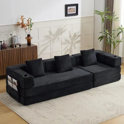 Imagen del producto de Sofá de suelo, sofá modular, transformable, con cojines, con reposabrazos, con portavasos, con bolsillo lateral, tapizado en tela de pana, ideal para salón/dormitorio. L3