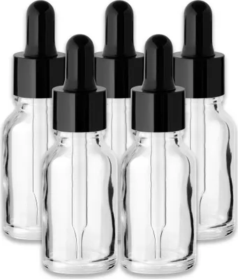 Produktbild von 5x Farblose Glasflasche 15 ml mit schwarzer Pipette Tropfer für Öl Set