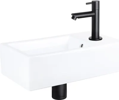 Obrázek produktu pro Differnz Force umyvadlo na desku 40x22x11,5 cm - Bílé keramické koupelnové umyvadlo - S černou koupelnovou baterií - Umyvadlo se standardní rukojetí pro WC pro hosty