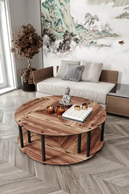 Produktbild von Skye Decor, Hochwertiges Kaffeetisch-Set (4 Teile), Walnuss, Durchmesser: 70 cm, Höhe: 38 cm | 100% MDF, Komprimierte Kraftbeine | Modernes Design für stilvolle Wohnräume.