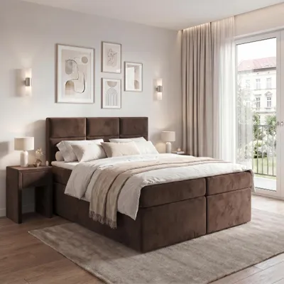Produktbild von ELVORA DESIGNE Boxspringbett 180x200 cm PURELINE mit Bonellmatratze H3 & Topper, 2 Bettkästen, Braun, KI-generiertes Bild