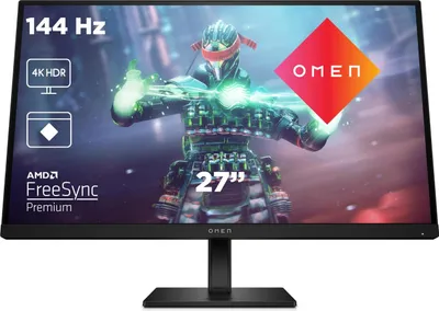 A gaming monitor displaying a futuristic character and marketing information.