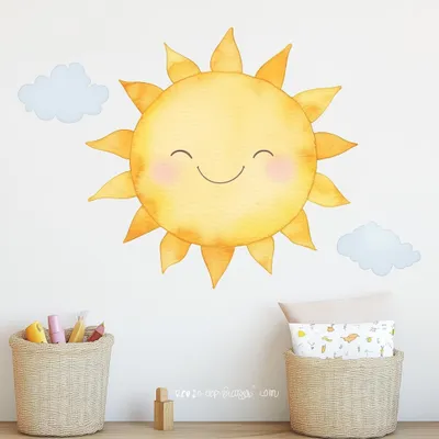 Image de Autocollant mural Decords – soleil souriant avec nuage, effet aquarelle, 180 cm