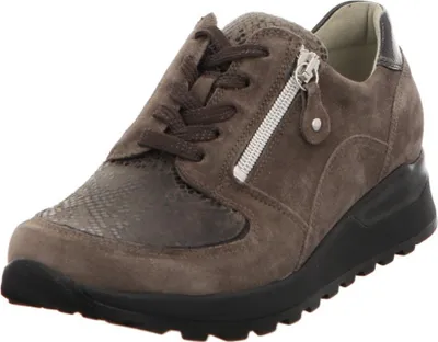 A single brown sneaker with a wedge heel is shown against a white background.