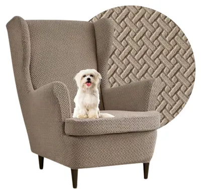 Produktbild von Ohrensessel Überzug – Sesselschoner – Sesselbezug Stretch Beige - Strandmon Sessel Bezug – Sesselhusse Elastisch Jacquard Fischgrät Schmutzabweisend -  100