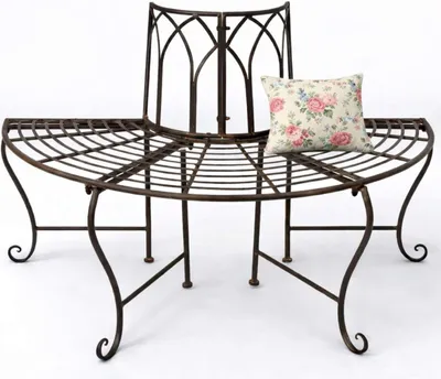 A metal garden bench with a floral cushion.