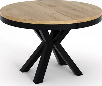Produktbild von Runder Ausziehbarer Esstisch im Loft-Stil - Industrieller Tisch mit Schwarzen Metallbeinen - Platzsparender Tisch für Wohnzimmer - Craft Eiche - 100 bis 180 cm