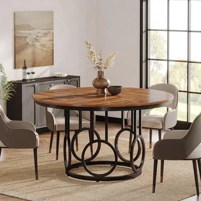 Image de Table ronde de 120 cm - Plateau en bois avec structure métallique - Adaptée pour 4 à 6 personnes