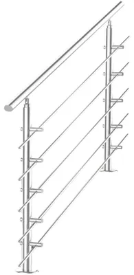 Edelstahl Treppengeländer bestehend aus oberen 80 cm Handlauf und zwei Standpfosten mit 5 Querstreben auf Treppe