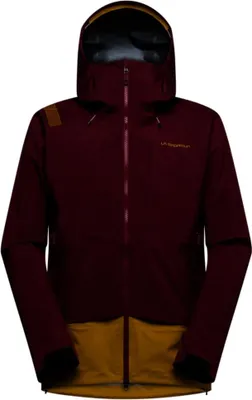 Dunkelrote La Sportiva Sender GTX Performance Jacke mit Kapuze und senfgelben Akzenten am unteren Saum und Schulterbereich